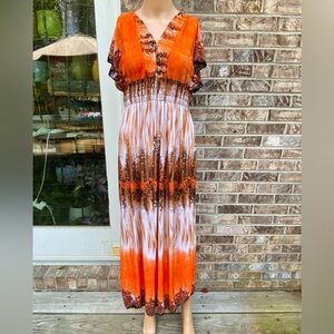 Orange/White/Brown Boho Smocked Maxi Dress